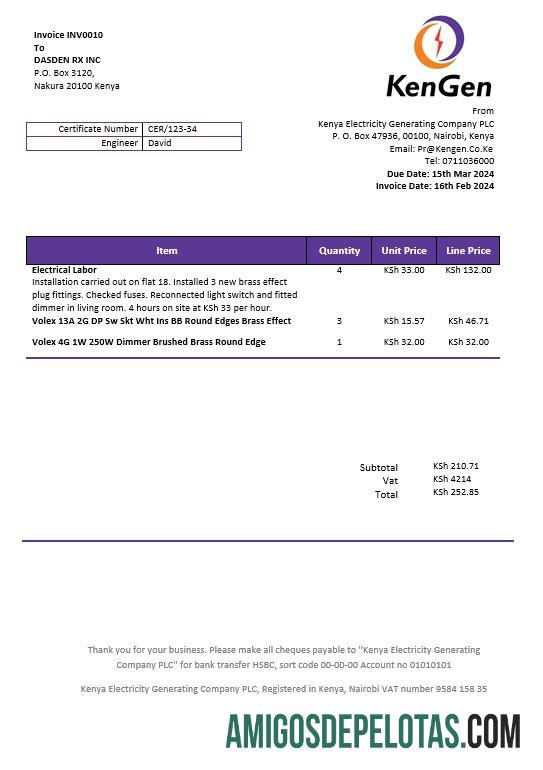 Em branco modelo de conta de serviços públicos da empresa geradora de eletricidade KenGen do Quênia em formatos Word e PDF